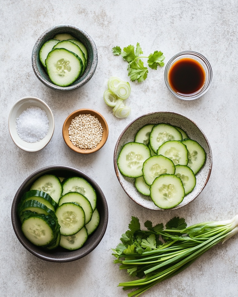 This image shows a close-up of a white bowl filled with sliced cucumber pieces layered thickly, each slice green with a shiny texture. The cucumber is covered with small white sesame seeds, bright red chili flakes, and bits of finely chopped green onions and fresh cilantro leaves. The seasoning and herbs are scattered evenly, adding pops of color and texture. The bowl sits on a white marbled surface with some fresh green cilantro leaves around it. photo taken with an iphone --ar 4:5 --v 7