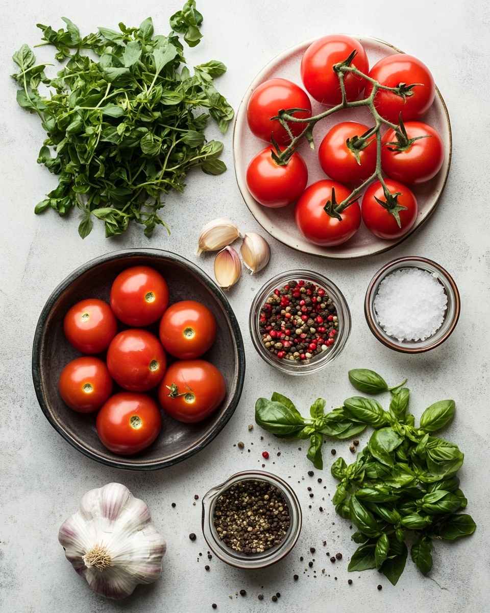 A white bowl filled with two layers of bright red tomato slices, each slice topped with chopped green herbs and small pieces of red onion mixed with oil. Around the bowl on a white marbled surface are two halved tomatoes, small green basil leaves, dill sprigs, and parsley leaves scattered. A white cloth is loosely placed on the bottom right corner. Photo taken with an iphone --ar 4:5 --v 7