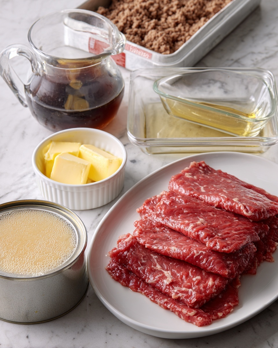 The image shows several raw slices of red meat with white fat veins arranged in a stack on a white round plate placed on a white marbled surface. Next to the plate, there is a metal can open at the top, filled with a thick beige sauce with visible herbs. Beside the can, there is a white ramekin dish holding melted yellow butter with some foam on top. Behind these items, there is a clear glass jug filled with a dark brown liquid, and next to it, an unopened red and beige box of breadcrumbs. To the right, there are two empty rectangular glass baking dishes with traces of butter spread on their surfaces. photo taken with an iphone --ar 4:5 --v 7