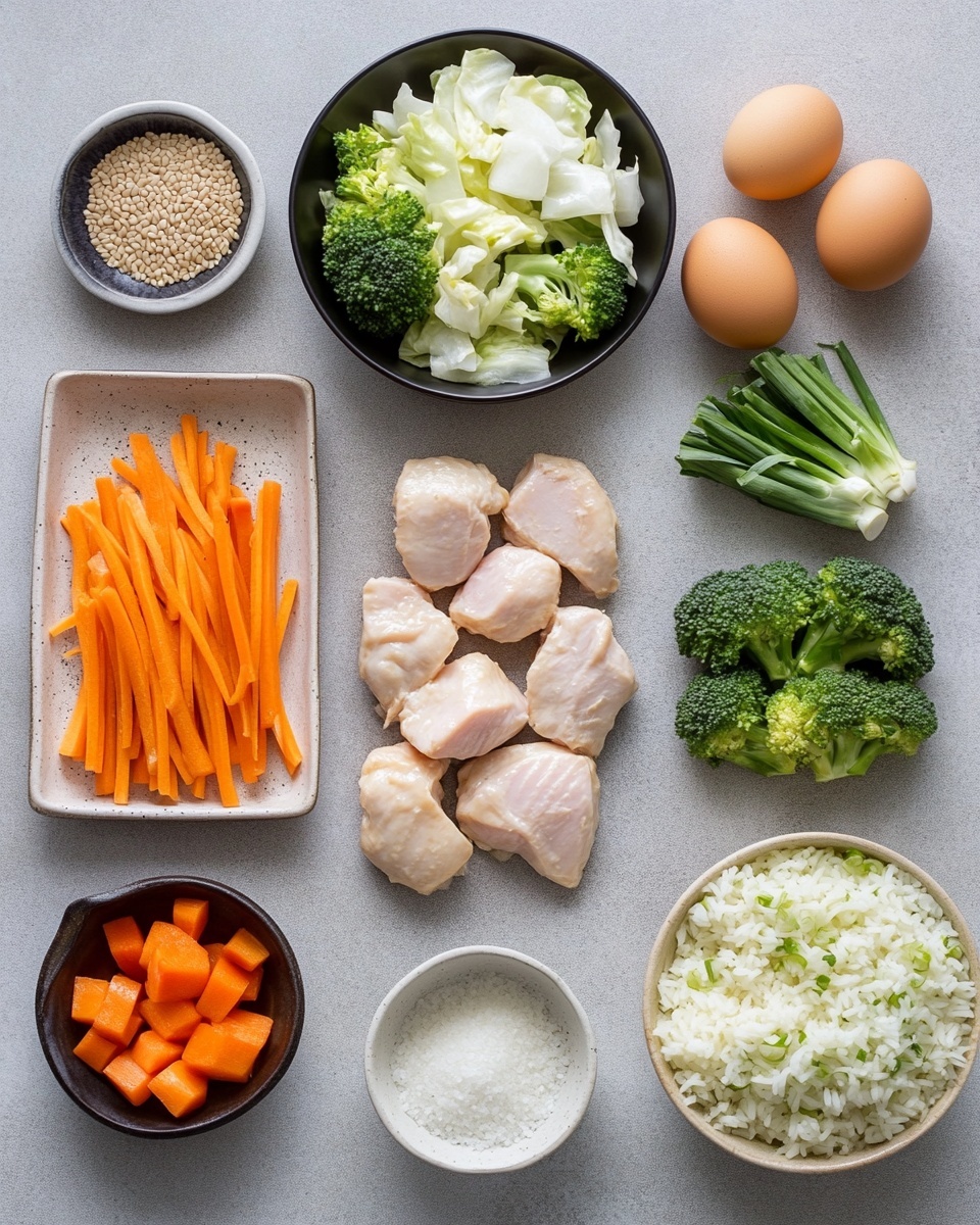 A white bowl filled with fried rice showing about three layers of ingredients: the bottom layer is brown fried rice mixed with small pieces of scrambled egg, the middle layer has light brown pieces of cooked chicken and bright green broccoli florets, while the top layer is sprinkled with chopped green onions and white sesame seeds, all resting on a white marbled surface with some whole green onions placed nearby, with a beige cloth to the right photo taken with an iphone --ar 4:5 --v 7