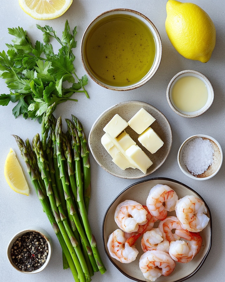A close-up view of a skillet filled with golden-brown grilled shrimp arranged mostly in the center and right side, each shrimp curled with slight reddish-orange tails and sprinkled with chopped green herbs; on the left side of the skillet, there is a neat row of bright green asparagus spears with a slight char and glossy texture; in the top right corner, there are two lemon slices partially visible, adding a fresh yellow contrast; the surface beneath the food has a dark, slightly oily texture indicating a well-used skillet; photo taken with an iphone --ar 4:5 --v 7