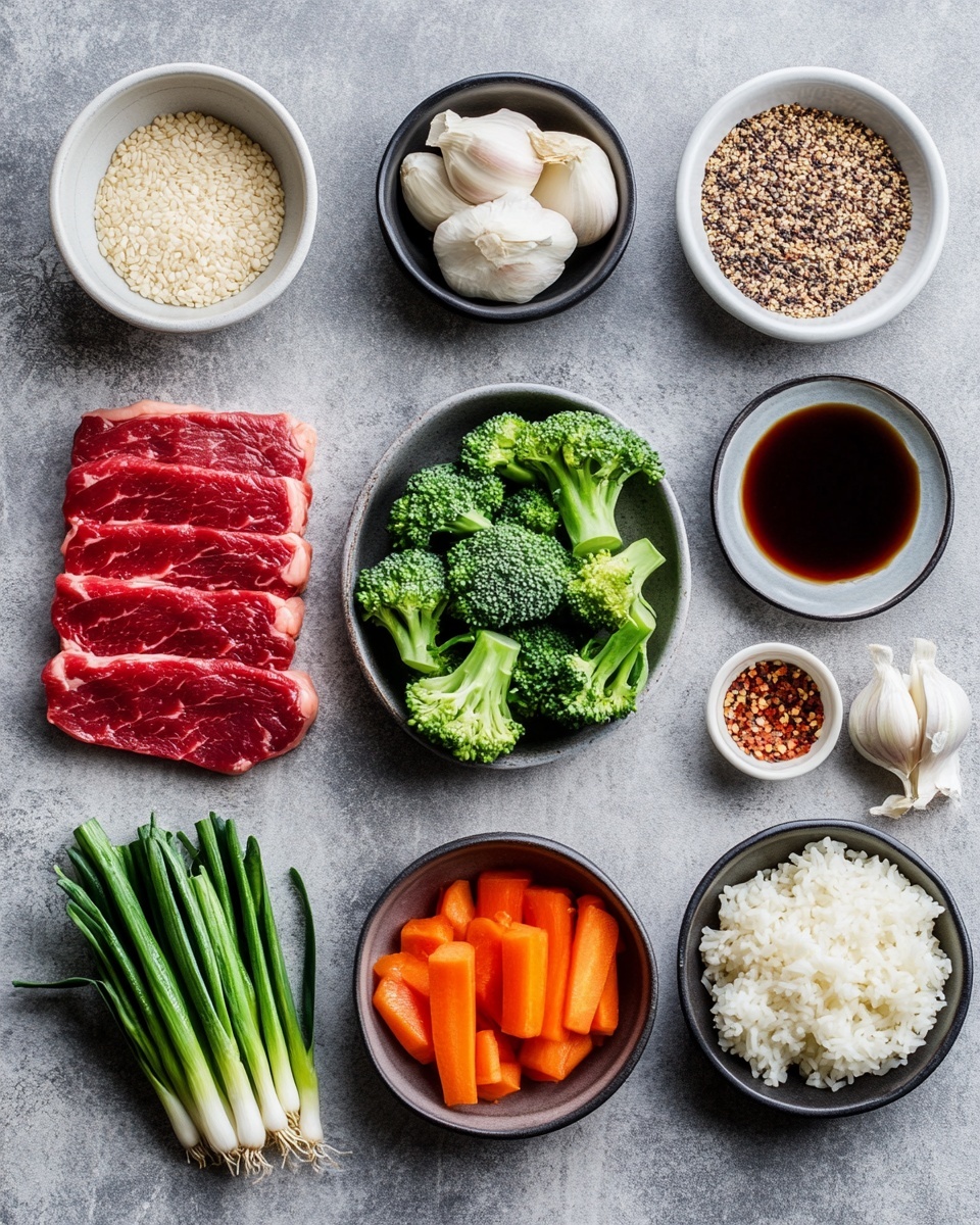 The image shows a close-up of a beef and vegetable stir-fry with three main layers. The bottom layer has bright green broccoli florets and snap peas spread out, showing a rough texture. The middle layer has sliced bell peppers in vibrant red, yellow, and orange colors, alongside thin pieces of light yellow onions, all mixed together. The top layer consists of several glossy brown beef slices, each sprinkled with small green onion pieces and white sesame seeds, giving a fresh and juicy look. The food is served on a white plate on a white marbled surface, photo taken with an iphone --ar 4:5 --v 7