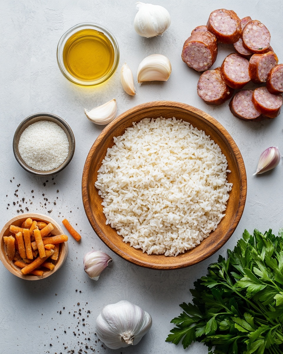 A close-up view of a dish in a light-colored pot shows cooked white rice mixed with chunks of light brown chicken and thick slices of browned sausage. The dish has a slightly wet texture with some broth visible around the edges. Fresh green chopped herbs are sprinkled on top, adding color contrast. The rice grains are soft and moist, with the pieces of meat evenly distributed. The background is a white marbled texture. photo taken with an iphone --ar 4:5 --v 7