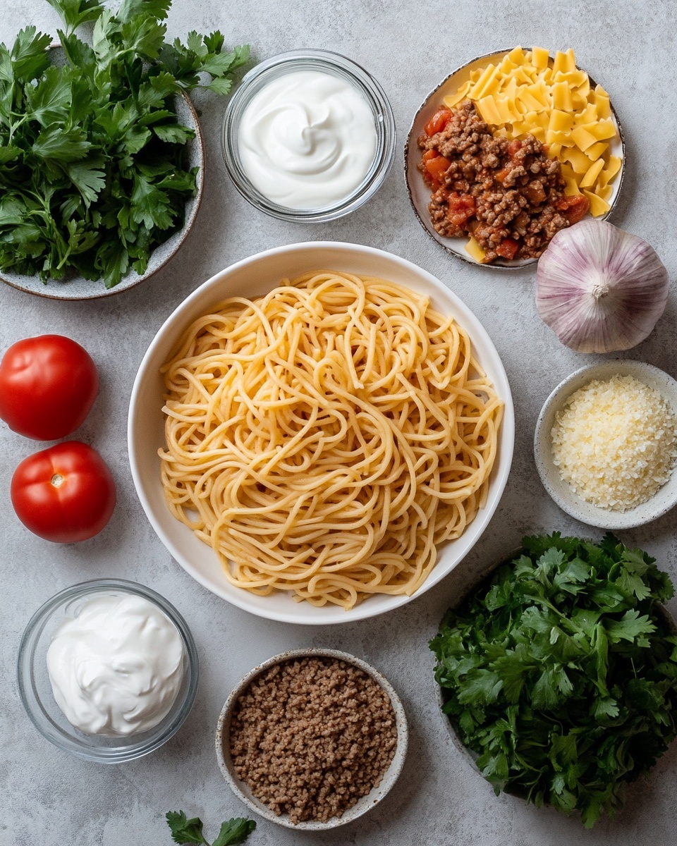 The image shows a white rectangular dish filled with three visible layers. The bottom layer is made of cooked spaghetti noodles with a yellowish-orange color. Above this is a layer of cooked ground meat mixed with small pieces of red tomato and spices, creating a brown and red textured base. The top layer is melted yellow and white cheese evenly spread, with bright red diced fresh tomatoes and small green cilantro leaves scattered on top. The edges of the dish show some browned sauce residue. The dish is set on a white marbled surface. photo taken with an iphone --ar 4:5 --v 7