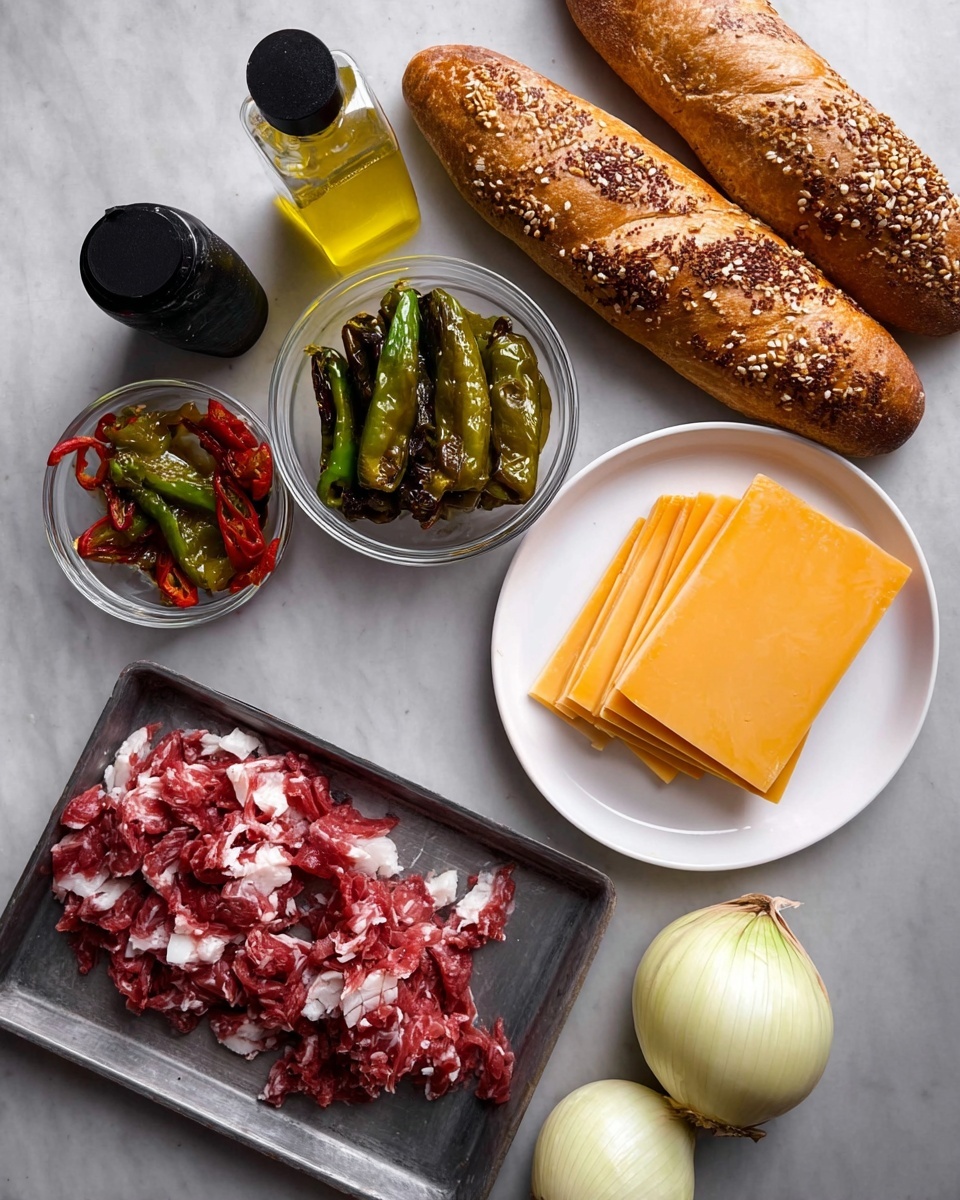 The image shows six food items arranged on a white marbled surface. At the top right, two long bread rolls lie side by side on a black plate, one with sesame seeds and the other plain with a soft brown crust. Below that, a black plate holds several smooth, thin slices of vibrant yellow cheese. To the left of that, another black plate contains long roasted green peppers with wrinkled skin. Above it, there is a small clear glass bowl with red roasted peppers and sliced green jalapeños. Near the top left edge, a bottle with a black cap contains a yellow liquid, likely oil. At the bottom left, a metal tray holds a pile of thinly shredded raw red meat with white marbled fat. At the bottom right corner, three whole onions with yellowish-brown skins rest on the surface. Photo taken with an iphone --ar 4:5 --v 7