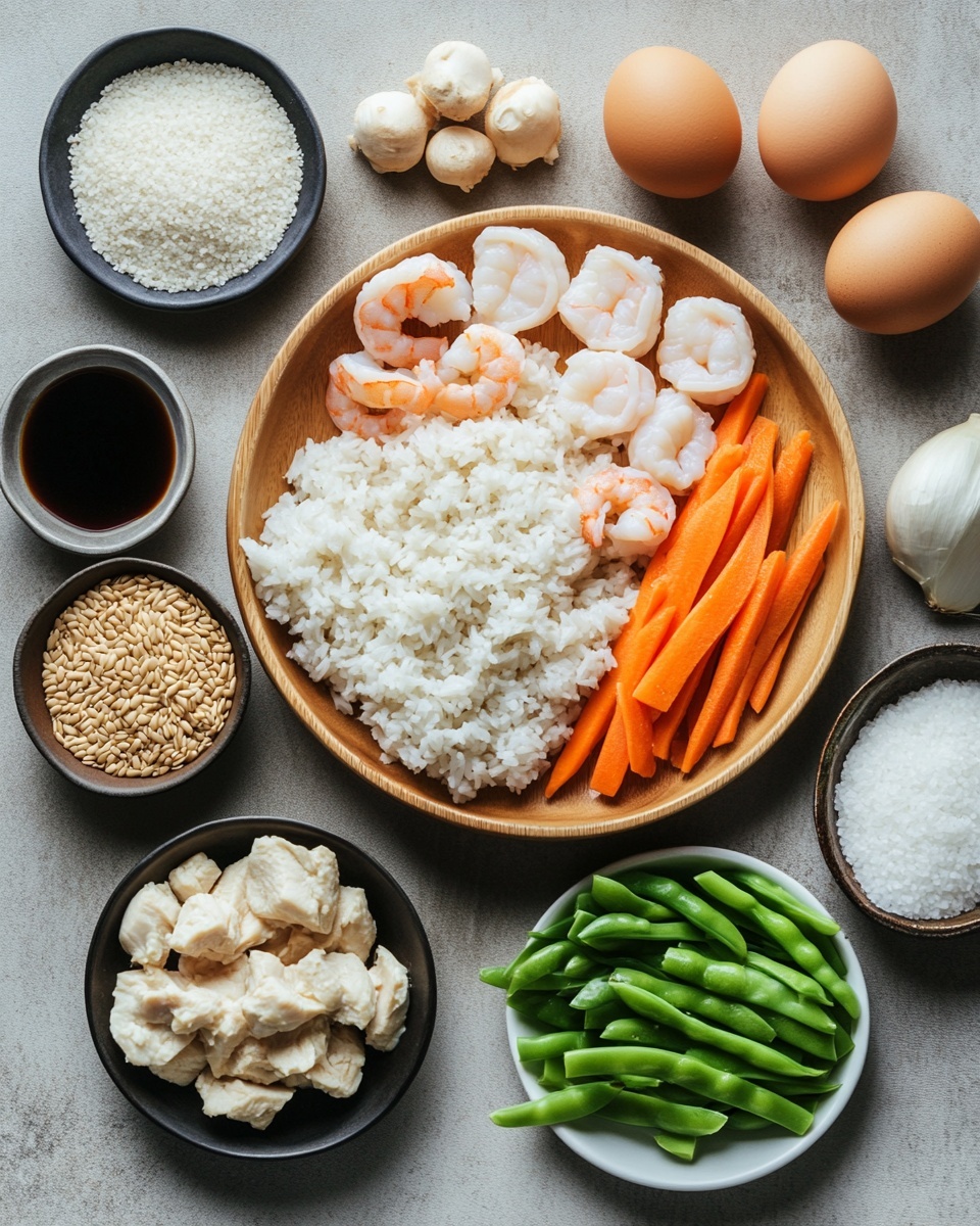 A white skillet filled with a colorful mix of fried rice showing three main layers: at the bottom, light brown fried rice grains mixed evenly throughout; the middle layer has small pieces of diced light orange carrots and bright green peas giving a fresh look; and on top, golden scrambled egg pieces, light pink shrimp, and light beige chicken chunks are scattered all over. Bright green chopped spring onions are sprinkled on top, adding freshness and color. The skillet handle is silver and rests on a white marbled surface, with small round white bowls holding salt and pepper and a bowl of chopped spring onions nearby. Photo taken with an iphone --ar 4:5 --v 7