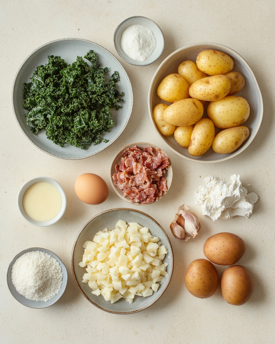 The image shows a white plate with a layered casserole dish featuring soft, light brown potato slices on the bottom. On top of the potatoes are dark green leafy vegetables, likely kale, mixed with browned ground meat and melted creamy cheese that has slightly browned in spots. A golden-brown breadstick rests on the side of the plate. The plate is set on a white marbled surface with a red and white striped cloth partially visible behind it. photo taken with an iphone --ar 4:5 --v 7