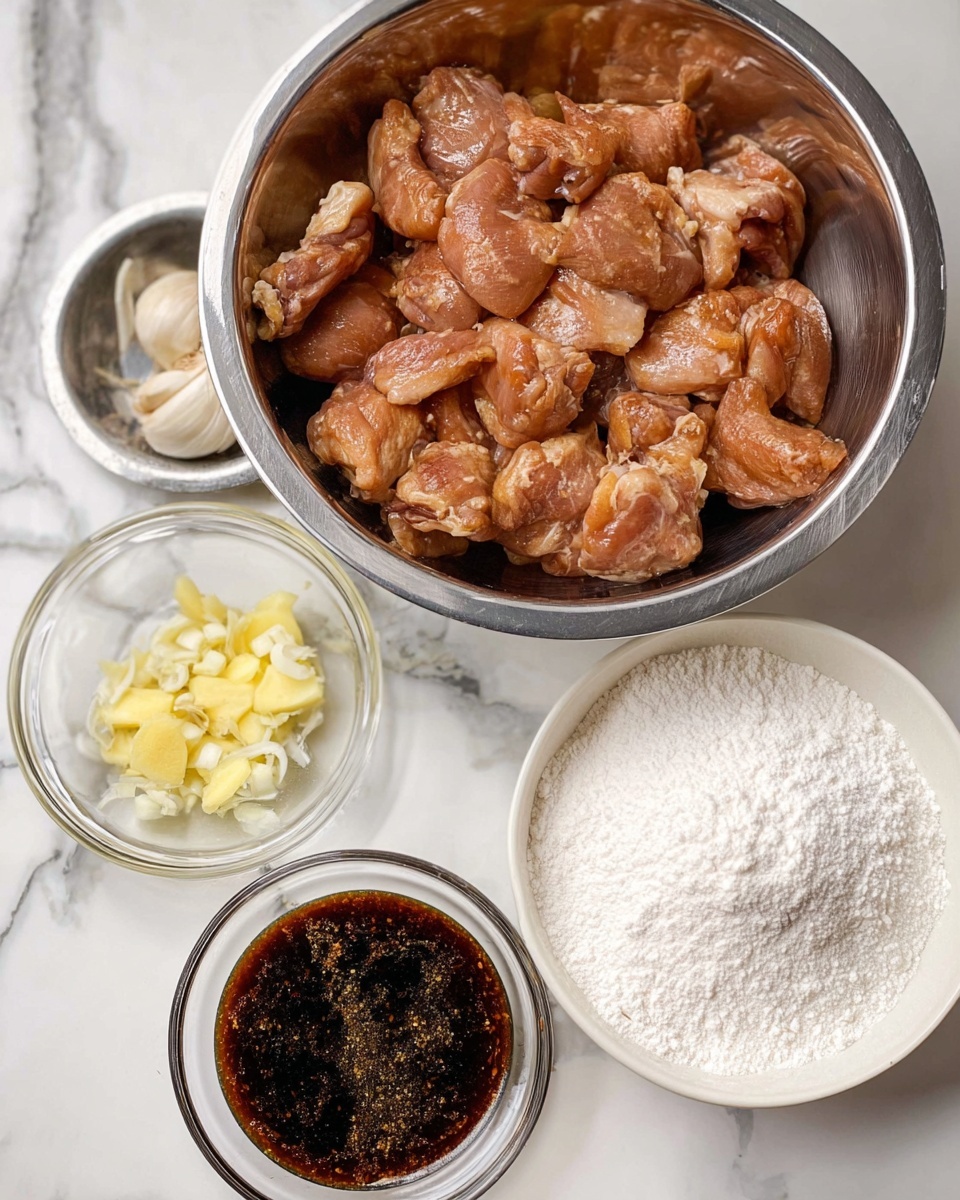 In a white bowl with a colorful red, yellow, and blue patterned rim, there is a layer of white rice at the bottom. On top of the rice, there are many pieces of dark brown glazed chicken covered in a shiny sauce with a slightly thick texture. On the left side of the bowl, thin slices of bright orange peel are placed. The bowl is on a white marbled surface, with a pair of brown chopsticks resting to the right and pieces of ginger and green onions visible around the bowl. Photo taken with an iphone --ar 4:5 --v 7