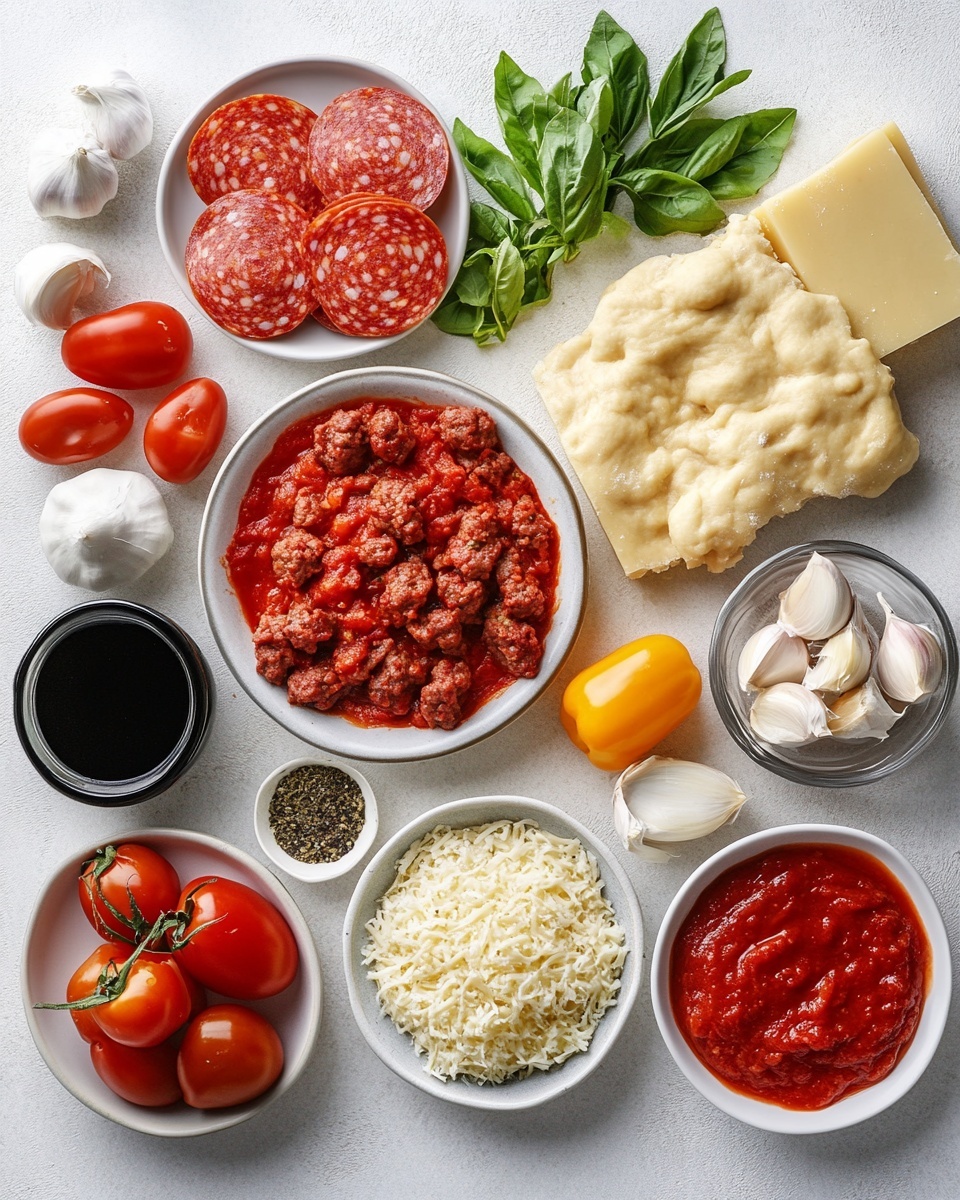 The image shows a deep-dish pizza with a thick golden crust that is puffy and textured on the edges. The pizza has multiple layers starting from the base: a thick crust at the bottom, a rich red tomato sauce spread just above, followed by a generous layer of browned ground meat, then a thick layer of melted white cheese covering the meat. On top of the cheese, round pepperoni slices with a shiny, slightly crispy surface are evenly placed. The pizza is on a dark round pan against a white marbled surface, and a slice has been removed, showing the sturdy layered cross-section clearly. Photo taken with an iphone --ar 4:5 --v 7