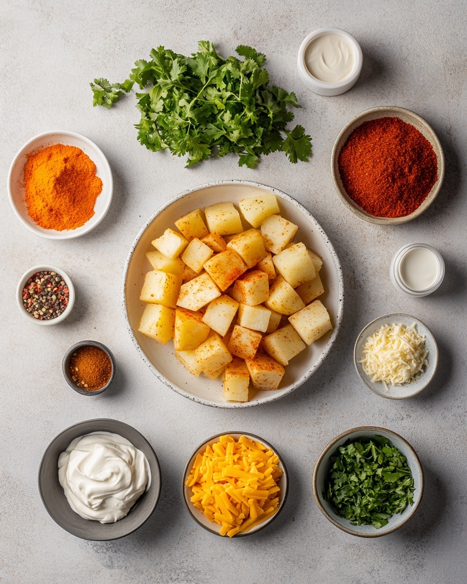 In a white bowl, there is a dish with three main layers: the bottom layer shows golden-brown roasted potato cubes with a slightly crispy texture, the middle layer consists of dark brown, crumbly cooked meat mixed with small pieces of red pepper, and the top layer is melted bright yellow cheddar cheese covering the potatoes and meat. On top, there is a dollop of white sour cream with small chopped green herbs and green onion slices scattered over the cheese and sour cream. The bowl sits on a colorful cloth with red, blue, and white stripes, and the background is a white marbled surface. photo taken with an iphone --ar 4:5 --v 7