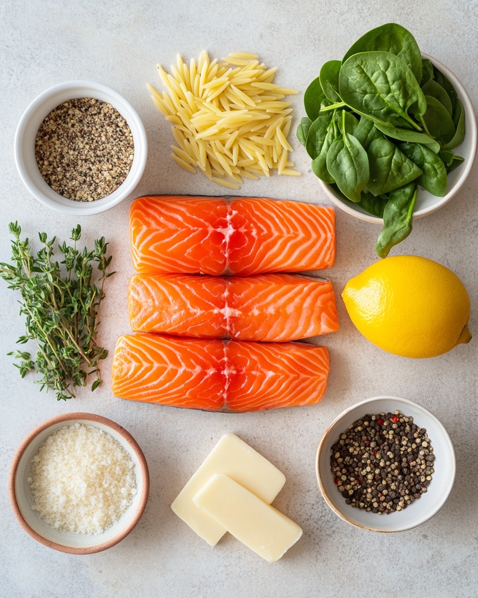 A white bowl holding a dish with two layers: the bottom layer is orzo pasta mixed with wilted green spinach, light sauce, and bits of red pepper flakes, giving a creamy, slightly textured look; the top layer is a large, golden-brown, seared salmon fillet with a crispy surface speckled with black pepper and small red flakes. The bowl sits on a white marbled surface. Photo taken with an iphone --ar 4:5 --v 7
