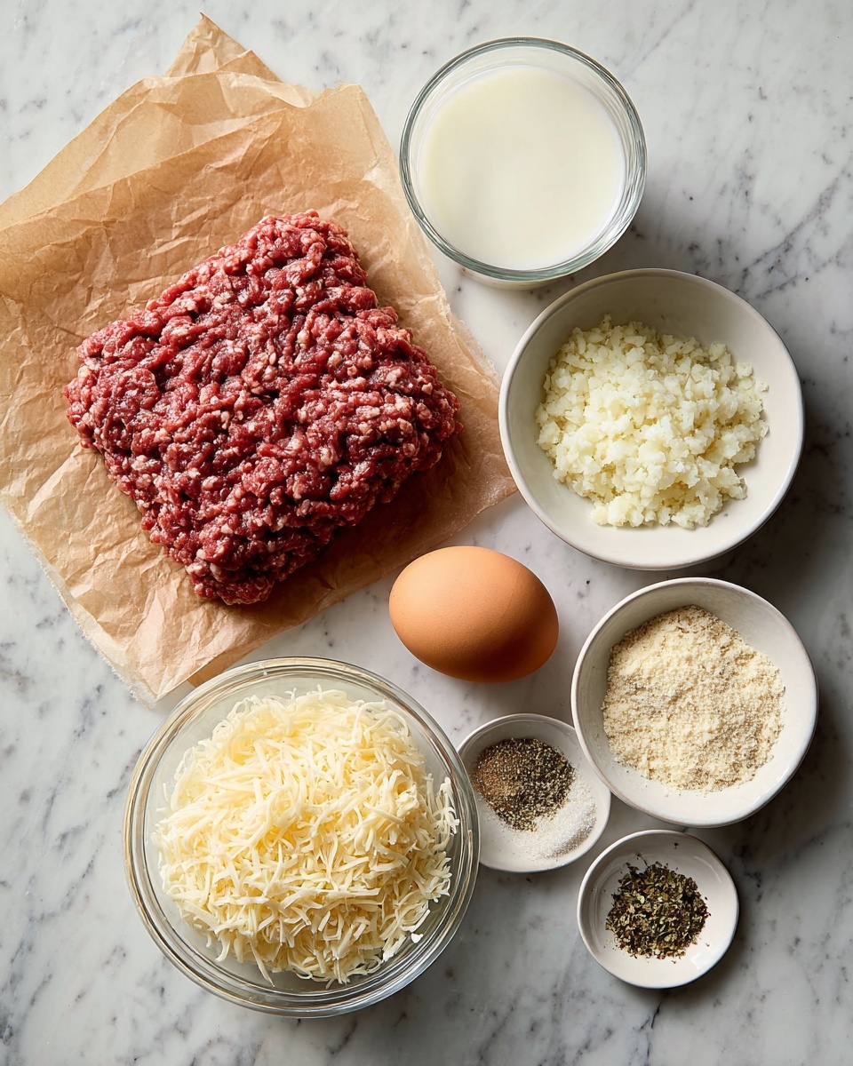 The image shows ingredients arranged on a white marbled surface, including a rectangular block of raw ground meat on crumpled brown paper in the lower left corner. To the right, there is a white bowl filled with light beige breadcrumbs, a white bowl with finely chopped white onions above it, and a small white dish holding four sections of seasoning: light brown garlic powder, white salt, green herbs, and black pepper. An orange-brown egg sits between the bowls, with a clear glass bowl of grated pale yellow cheese near the bottom right, and a small clear glass bowl of white liquid near the top left. Photo taken with an iphone --ar 4:5 --v 7