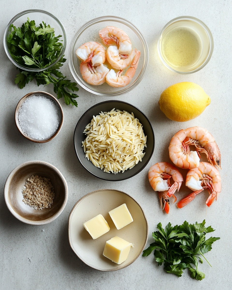 A shiny silver pan filled with a mix of light golden orzo pasta and bright orange cooked shrimp with tails, sprinkled green herbs over the top. Bright yellow lemon wedges are scattered among the shrimp and pasta, adding a fresh look. A silver spoon rests in the pan, partially holding some shrimp and pasta. The pan is placed on a white marbled surface. photo taken with an iphone --ar 4:5 --v 7