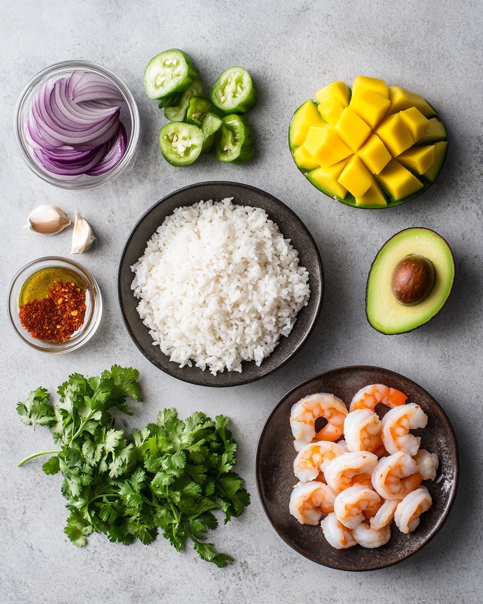 A white bowl filled with plain white rice as the base layer, topped with three main sections: thinly sliced, bright green avocado arranged in a neat fan shape on the left, seasoned and grilled shrimp with a slightly charred, orange-reddish color in the center and top right, and small chunks of bright yellow mango mixed with finely chopped green herbs in the bottom center. The dish is drizzled with a light orange sauce over the shrimp and avocado, and sprinkled with black sesame seeds scattered over the top. There is also a small cluster of fresh green cilantro leaves and some finely chopped purple cabbage placed above the shrimp. The bowl sits on a white marbled textured surface. Photo taken with an iphone --ar 4:5 --v 7