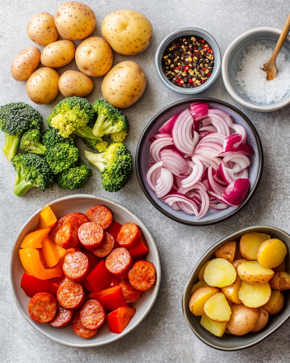 The image shows a black pan filled with roasted vegetables and slices of sausage. There are several bright orange baby carrots scattered throughout, along with small round yellow potatoes. The sausage slices are thick, dark reddish-brown, and slightly shiny from cooking. Some broccolini pieces add green color to the mix. The food is sprinkled with small green herbs on top. The pan sits on a white marbled surface. photo taken with an iphone --ar 4:5 --v 7