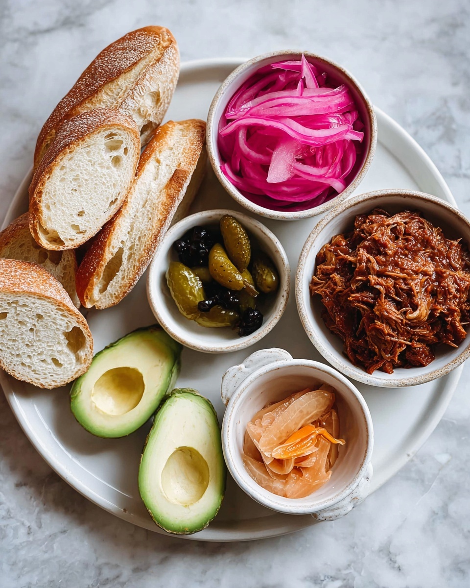 The image shows a white plate holding sliced pieces of a brown baguette arranged loosely, with two halves of a dark green avocado placed next to the bread. At the front, a small round bowl of light beige sauce is placed beside a small white bowl of dark green and orange pickled vegetables. To the upper right, there is a white bowl filled with a chunky, reddish-brown shredded meat. Above that, another white bowl holds bright pink sliced onions. The plate is set on a white marbled surface. Photo taken with an iphone --ar 4:5 --v 7
