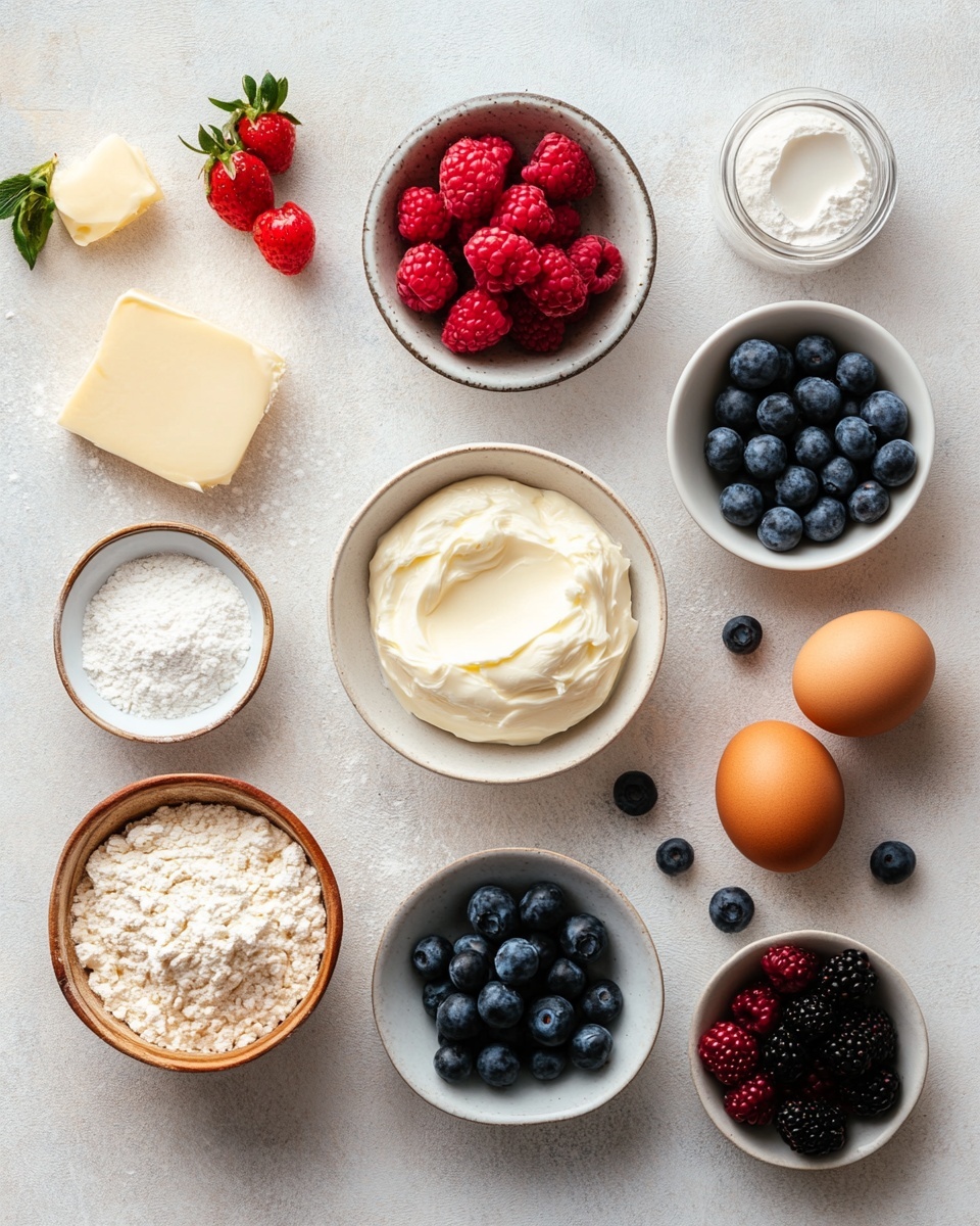 A square piece of light yellow sponge cake forms the bottom layer, topped with a smooth white cream layer. On top of the cream are fresh mixed berries including dark blue blueberries, bright red strawberries sliced and whole, and a red raspberry, arranged evenly. Small light pink edible flowers are placed among the berries, adding a delicate touch. The cake sits on a white plate with a slightly scalloped edge, all placed on a white marbled surface. Photo taken with an iphone --ar 4:5 --v 7