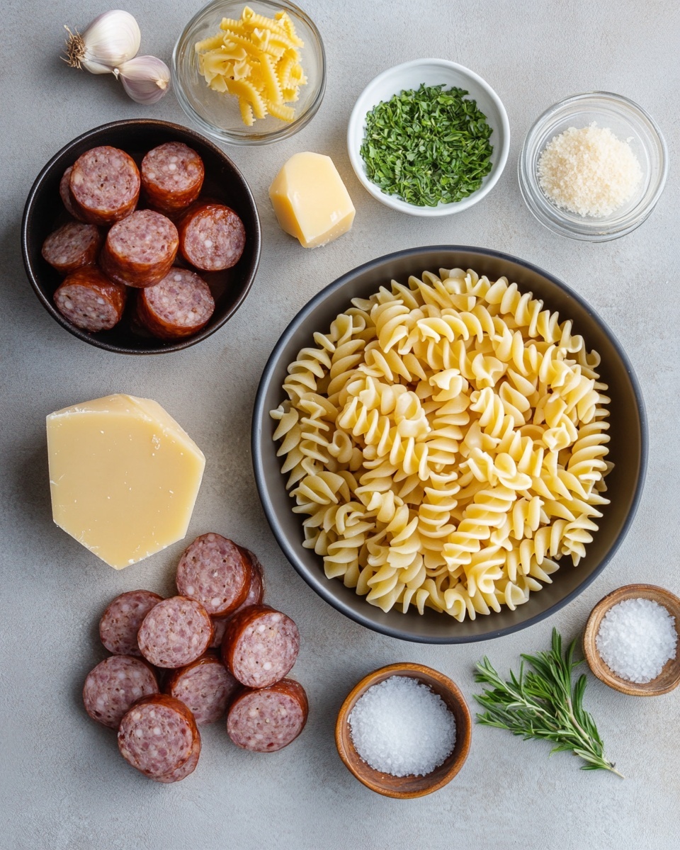 This close-up image shows a pan with twisted pasta noodles covered in a thick, shiny orange sauce. Scattered throughout the pasta are small, round, dark brown sausage pieces with a slightly crispy texture. On top, there is a light layer of shredded cheese melting into the sauce and pasta. The pan's surface can be seen around the edges, creating a contrast with the glossy food. The background is a white marbled texture photo taken with an iphone --ar 4:5 --v 7