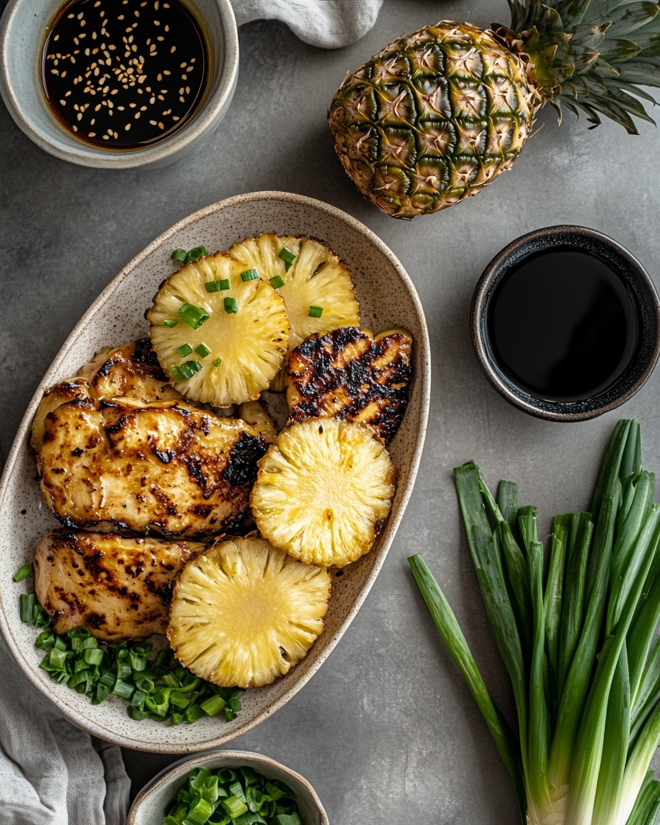 A white oval plate with four large grilled chicken pieces layered on top of each other on the right side, covered in shiny, thick reddish-brown sauce with visible herbs and spices. Underneath and around the chicken, there are six yellow grilled pineapple slices with dark grill marks, arranged partially underneath the chicken and slightly fanned out towards the edge of the plate. Fresh green herbs are sprinkled lightly on top of the chicken and pineapples. The plate is set on a white marbled surface, with some red chili flakes scattered nearby. Photo taken with an iphone --ar 4:5 --v 7