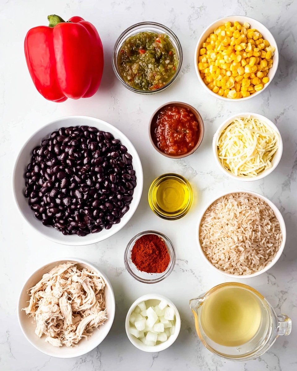 A white plate with ridged edges holds a colorful mix of shredded light brown chicken, black beans, yellow corn, and small red bell pepper pieces, all combined to form the base layer. Scattered on top are cubed green avocado chunks, bright green sliced scallions, and small bits of fresh green herbs. Centered on the dish is a dollop of smooth, white sour cream, sitting prominently over the textured mix. The plate rests on a white marbled surface with soft natural light enhancing the fresh look of the ingredients photo taken with an iphone --ar 4:5 --v 7