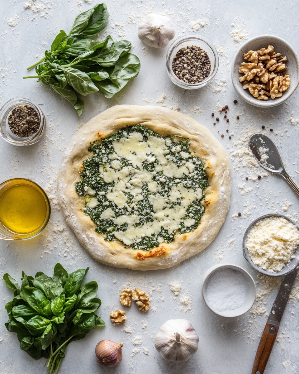 The image shows a white pizza cut into six slices on a white marbled surface. The pizza crust is golden brown and slightly thick around the edges. On top, there is a layer of creamy white cheese mixed with spots of melted, slightly browned cheese. Thin ribbons of yellow and light golden grilled squash are scattered across the pizza, along with green leafy herbs that look fresh and vibrant. The herbs are placed both under and on top of the cheese, adding texture and color contrast. There are tiny red chili flakes sprinkled on top for extra detail. A woman's hand is visible at the top near the pizza, holding a slice. The lighting is warm and bright, enhancing the colors and textures of the pizza. Photo taken with an iphone --ar 4:5 --v 7