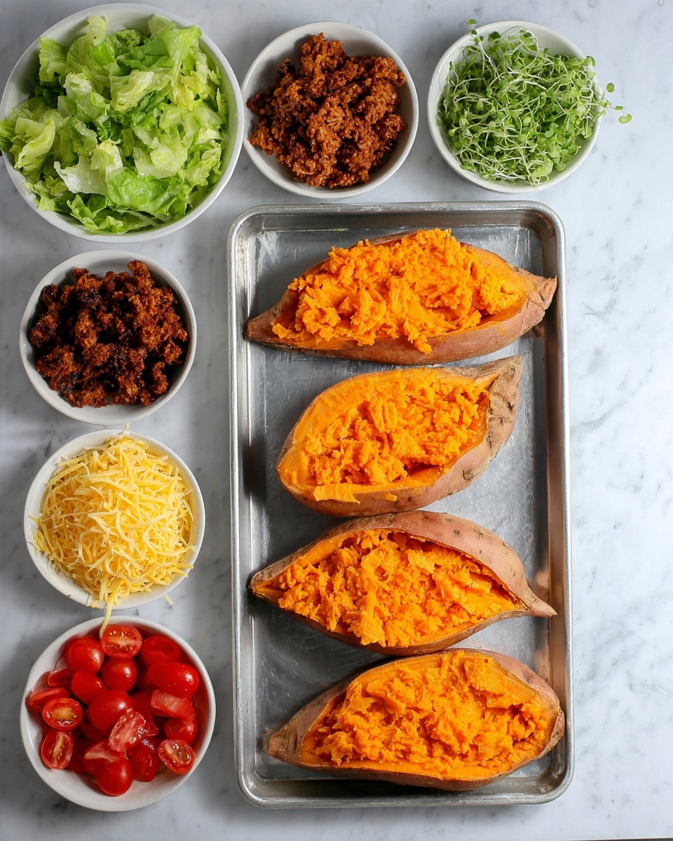 Four halved sweet potatoes with bright orange soft insides are placed on a metal tray at the right side of the image. Around the tray, six white bowls hold various ingredients: chopped green lettuce at the top left, dark brown cooked crumbled meat below it, green sprouts at the bottom left, halved red cherry tomatoes at the bottom center, and shredded yellow cheese to the right of the tomatoes. All items rest on a white marbled surface. Photo taken with an iphone --ar 4:5 --v 7