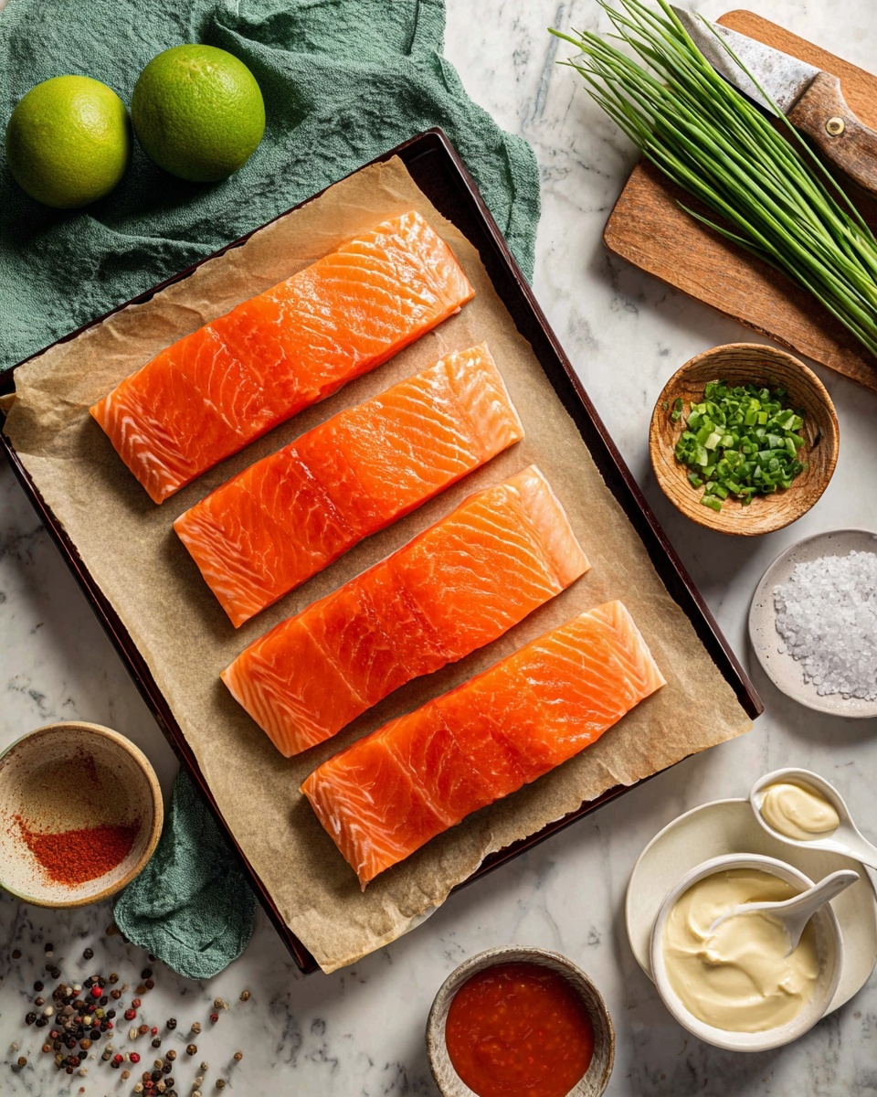 Three cooked salmon fillets with a golden brown crust are placed side by side on a white plate, with a light drizzle of sauce and small green herbs sprinkled evenly on top. One fillet has a piece broken off on a gold fork near the bottom left. Around the fillets, there are a few lime wedges with bright green skin and pale yellow inside placed partially under and next to the fish. In the blurred background, a green bowl with sauce and a small bowl of coarse salt rest on a white marbled surface, along with some green herbs on a wooden board. The overall scene shows warm, natural lighting, giving a fresh and appetizing look. photo taken with an iphone --ar 4:5 --v 7