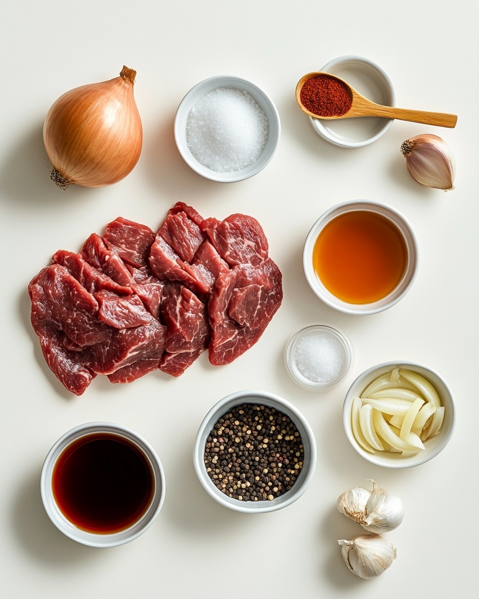 The image shows a close-up of a bowl filled with cooked beef strips mixed with sautéed onions. The beef pieces are dark brown with a shiny, slightly oily surface, indicating they are well cooked and coated in sauce. The onion slices are translucent with a light brown caramelized color, scattered evenly throughout the beef. The bowl is simple and white, placed on a white marbled textured surface, with some green chives in the blurry background and various colorful packages and bottles also blurred behind, adding depth to the scene. The focus is sharp on the bowl’s contents, giving a rich and appetizing look. photo taken with an iphone --ar 4:5 --v 7