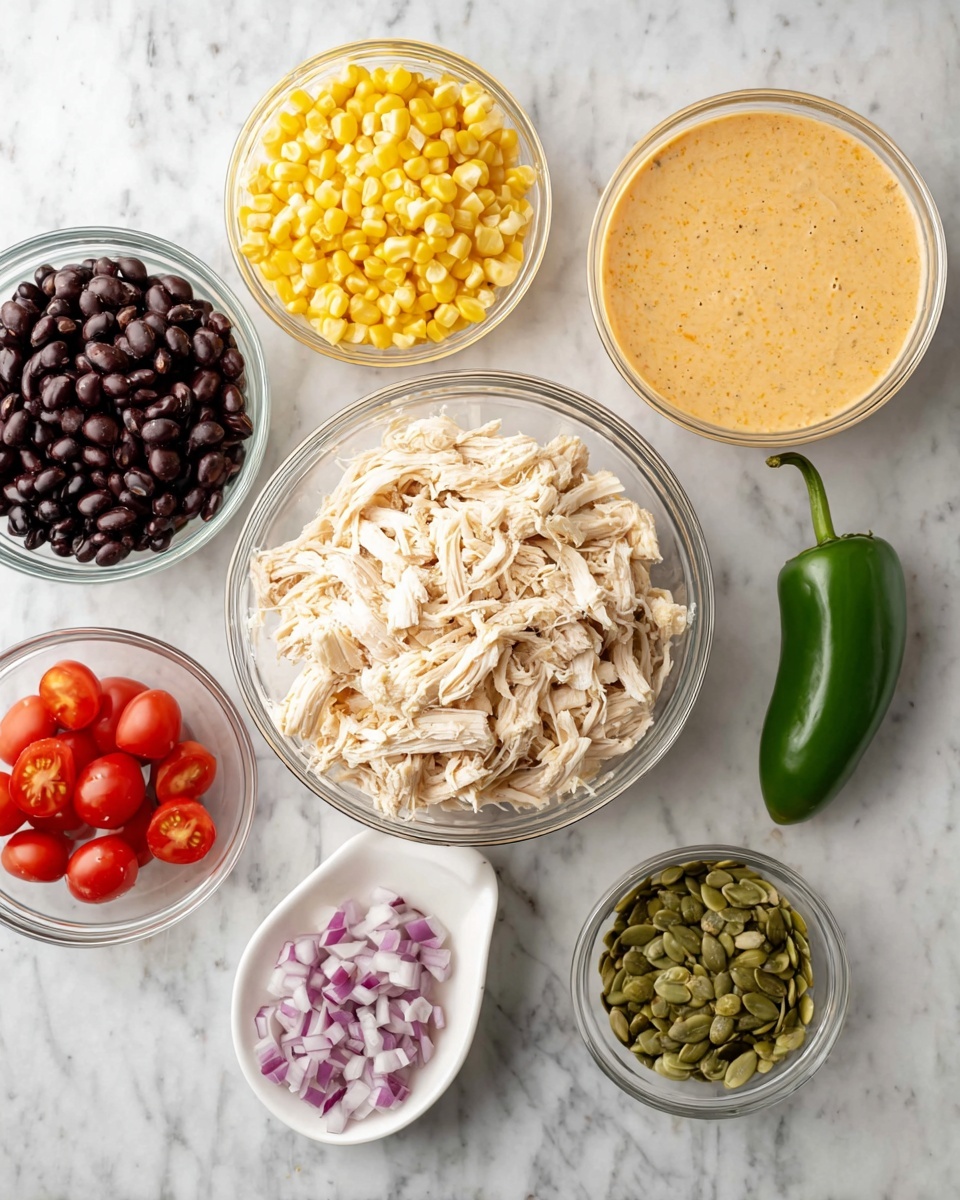 The image shows seven small bowls of ingredients arranged on a white marbled surface. There is one large clear bowl in the center filled with shredded white chicken. To the top left, a medium clear bowl holds bright yellow corn kernels. To the bottom left, a smaller clear bowl contains shiny black beans, and beside it, another small clear bowl has halved red cherry tomatoes. To the bottom center, a white scoop-shaped bowl holds small purple and white chopped onions. On the bottom right of the shredded chicken bowl, a small clear bowl is filled with green pumpkin seeds. To the top right, a large clear bowl contains a creamy, light orange sauce with a textured surface. A fresh green jalapeño pepper lies on the marbled surface near the sauce bowl. The photo taken with an iphone --ar 4:5 --v 7