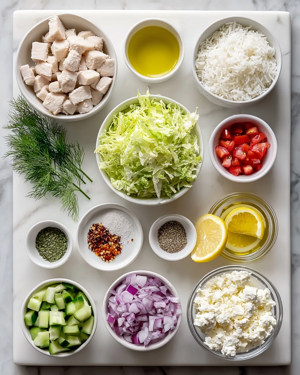 A white rectangular board on a white marbled texture holds 13 small white bowls and two small bunches of fresh dill arranged in a neat grid. Starting from the top left are a bowl filled with cubed white chicken pieces, a bowl with clear golden oil, and a bowl of fluffy white rice. In the middle row, from left to right, there is shredded green lettuce in a bowl, a small bowl of green dried herbs, a small bowl with red chili flakes mixed with salt, a small bowl of ground black pepper, a bowl with diced red tomatoes and red onions, and a glass bowl with a lemon half in water. The bottom row features a bowl of chopped green cucumber, a small bowl of yellow olive oil, a bowl of chopped purple onions, and a bowl of white crumbly cheese. The overall look is clean and fresh, with soft natural light highlighting the textures and colors of each ingredient. Photo taken with an iphone --ar 4:5 --v 7