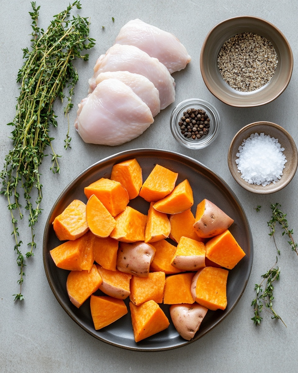 A white bowl on a white marbled surface holds a meal with three main layers. The bottom layer is white rice with small green leaves scattered over it. On top of the rice are sliced pieces of grilled chicken, browned with char marks and topped with a light brown sauce drizzled evenly and chopped green onions. Surrounding the chicken are bright orange chunks of roasted sweet potatoes with a slightly crispy texture, also drizzled with the same light brown sauce. Behind the chicken and sweet potatoes is a fresh layer of green leafy vegetables. Photo taken with an iphone --ar 4:5 --v 7