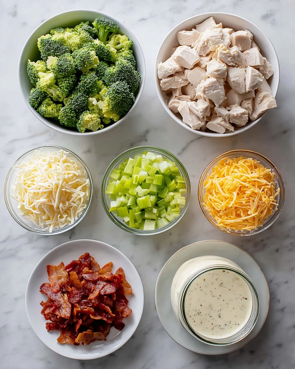 The image shows seven bowls on a white marbled surface, each with different food ingredients. The top left bowl contains bright green broccoli florets with bumpy texture piled high. Below it, a white bowl holds chopped cooked light beige chicken pieces with a soft texture. To the right of the chicken, a small white plate has reddish-brown crispy bacon pieces arranged in a small pile. Above the bacon, a white bowl is filled with finely chopped light green celery. Three clear glass bowls bring in three types of shredded cheese, placed in a row from top to bottom: pale yellow, white, and bright orange, each bowl showing the thin, stringy texture of the cheese shreds. Finally, at the top right, a glass jar holds a creamy white sauce with black pepper specks visible inside. Photo taken with an iphone --ar 4:5 --v 7