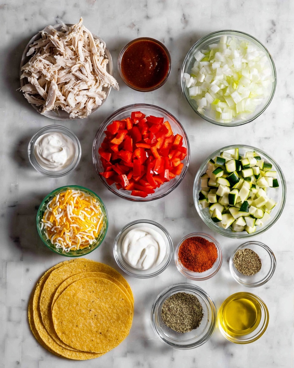 The image shows multiple small, clear glass bowls and one white bowl on a white marbled surface. The bowls contain different taco ingredients arranged neatly: shredded white chicken in the white bowl on the lower left; bright red chopped bell peppers in a glass bowl near the center; diced white onions in a glass bowl on the upper right; chopped green zucchini in a glass bowl next to the peppers; grated yellow and white cheese mix in a green bowl near the left side; thick dark red sauce in a glass bowl at the top left; white sour cream in a small glass bowl next to the sauce; a small glass bowl with red chili powder to the right of the cheese; a glass bowl with dried oregano next to the chili powder; and a small glass bowl with light yellow oil near the bottom right. In front of the bowls is a small stack of yellow corn tortillas. Photo taken with an iphone --ar 4:5 --v 7