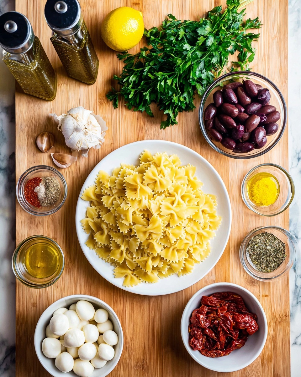 A white plate filled with uncooked farfalle pasta, showing bright yellow color and ruffled edges, sits on a light wood surface next to a wooden board. On the board, there is a bunch of fresh green parsley on the right side, a small glass bowl of dark purple kalamata olives near the center, and a glass bowl with bright red sun-dried tomatoes near the bottom. Around the board, several small white bowls hold different ingredients: one with white small mozzarella balls at the bottom right, and another with pale green artichoke hearts at the bottom left. Above the board, a whole yellow lemon, a peeled garlic bulb, a small clear bowl with yellow mustard, and three small metal bowls containing dried herbs, crushed red pepper flakes, and grated cheese are placed. Two clear plastic squeeze bottles with black tops, containing liquids, are in the upper left corner. The background is a white marbled texture photo taken with an iphone --ar 4:5 --v 7