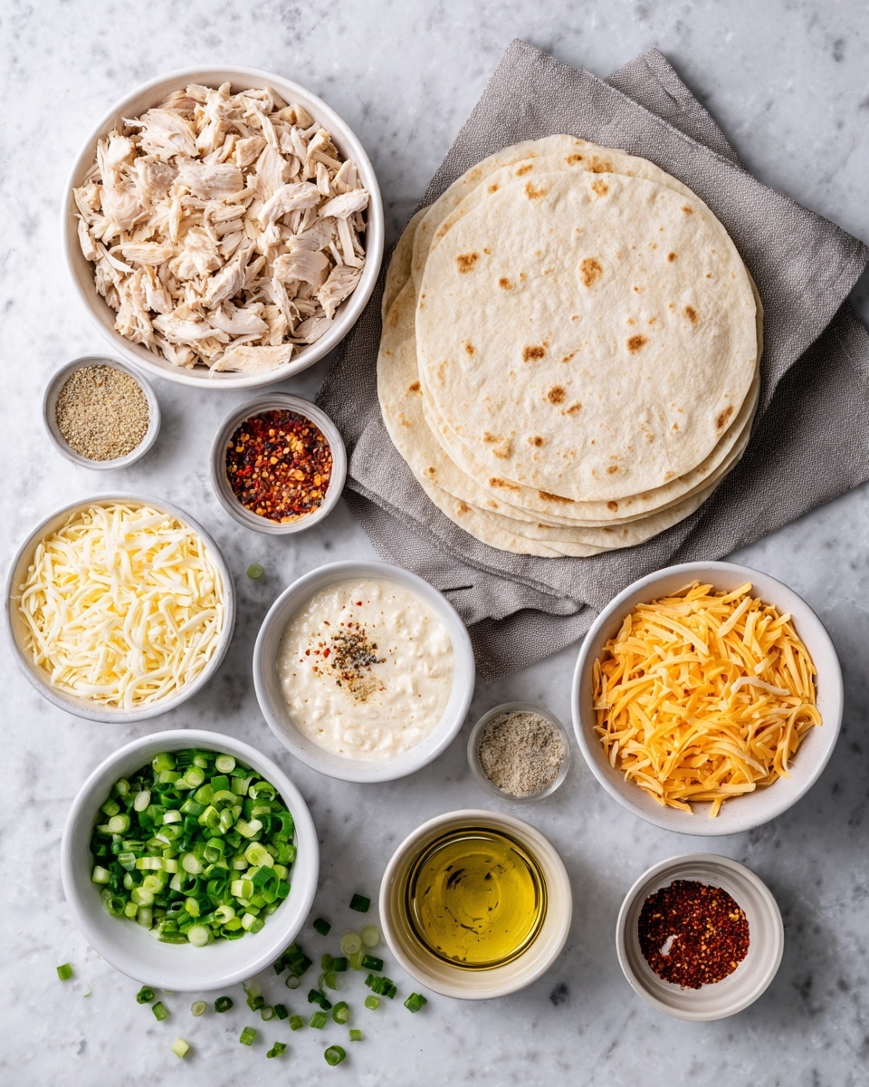 A set of white bowls arranged on a white marbled surface around a stack of four light beige soft tortillas placed on a gray cloth. The largest bowl at the top left is filled with shredded cooked chicken in pale beige tones with some texture. Surrounding it are smaller bowls holding shredded white cheese, shredded orange cheese, white creamy sauce topped with green herbs, red chili flakes, black pepper mix, olive oil, beige powdered seasoning, and chopped green onions with some scattered on the surface. The ingredients are neatly placed for assembling a dish. Photo taken with an iphone --ar 4:5 --v 7