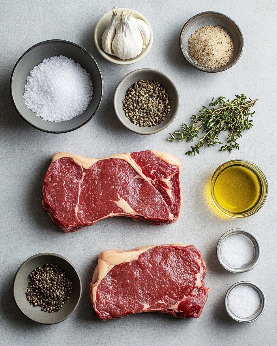 Two grilled steaks with dark grill marks lie on a wooden cutting board on a white marbled surface. Each steak has a round dollop of green herb butter melting on top, creating a creamy, slightly shiny layer. The top steak is whole, while the lower steak is sliced into about six pieces, showing a pink inside with a dark brown crust. Around the steaks, there are a few green parsley leaves and scattered coarse salt and pepper. A fork and knife with light wooden handles rest on the bottom left of the board. photo taken with an iphone --ar 4:5 --v 7