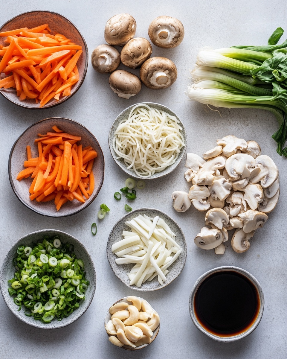 A white bowl filled with stir-fried noodles forms the base layer, golden-yellow and shiny from sauce. Mixed throughout are light brown cooked chicken strips that add a meaty texture. Bright red bell pepper strips and thin orange carrot sticks are spread across, bringing a pop of color. Small green onion pieces and pale green cabbage bits are scattered on top, adding freshness and contrast. Thin slices of mushrooms with light brown tops and white undersides peek through the noodles. The bowl sits on a white marbled surface, with black chopsticks resting on the side and a gray striped cloth nearby. Photo taken with an iphone --ar 4:5 --v 7