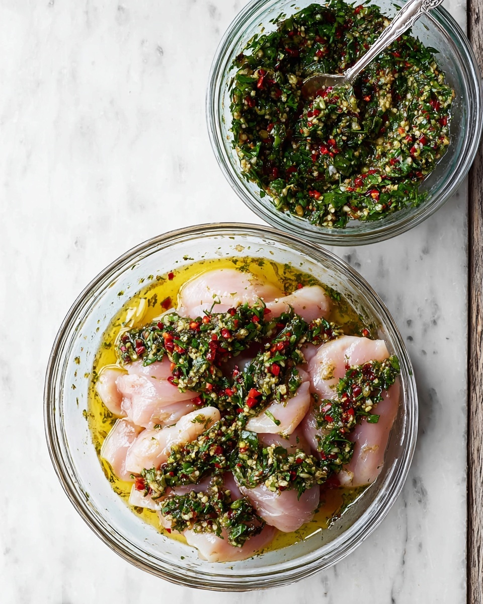 The image shows two clear glass bowls on a white marbled surface. The larger bowl at the bottom holds raw chicken pieces partly covered with green herb mixture and small red chili pieces in a layer of yellowish oil. The raw chicken is pale pink with smooth texture, and the green herb mix is scattered on top with visible chopped garlic and red chili bits. At the top of the image is a smaller clear glass bowl filled with the same green herb mixture, showing finely chopped green herbs and red chili pieces, with a silver spoon resting inside. Photo taken with an iphone --ar 4:5 --v 7