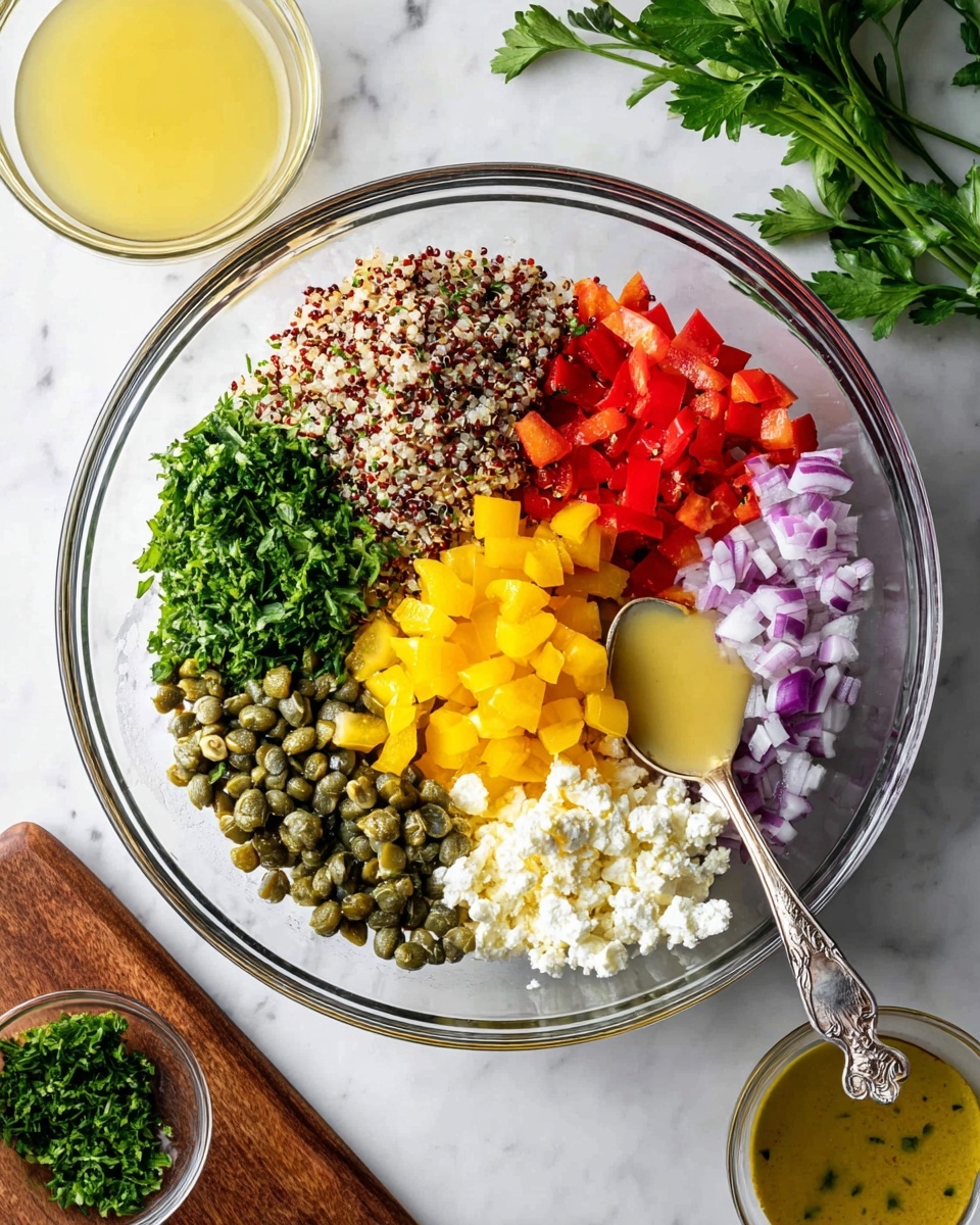 A white bowl filled with a colorful quinoa salad that has three main layers: the base layer is light and dark brown quinoa grains, scattered throughout with bright diced yellow bell peppers, green cucumber chunks, red bell pepper pieces, and finely chopped purple onions, mixed evenly. Small white crumbled cheese pieces and a few green capers are spread on top, adding texture and color contrast. To the right side of the bowl, a silver spoon is partially buried in the salad, sitting on a white marbled surface with some parsley leaves and a white cloth nearby. Photo taken with an iphone --ar 4:5 --v 7