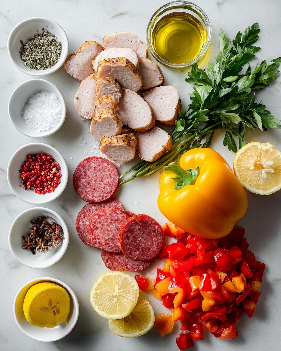 The image shows an organized layout of various food ingredients on a white marbled surface. In the middle top is a cluster of sliced cooked meat with a light brown outer layer and pale pink inside. To its right are fresh green herbs, a whole bright yellow bell pepper, and a pile of chopped red and orange bell peppers. Below the cooked meat, there are several round slices of reddish sausage with white bits inside. On the left side, small white bowls hold coarse salt, a black and white pepper mix, and crushed dried red chilies. Below these bowls are two halves of a yellow lemon, one whole lemon, and a few small red chili peppers. A glass bowl with golden olive oil sits near the center-top. The scene is neat, colorful, and well lit, with a clean and fresh look. photo taken with an iphone --ar 4:5 --v 7