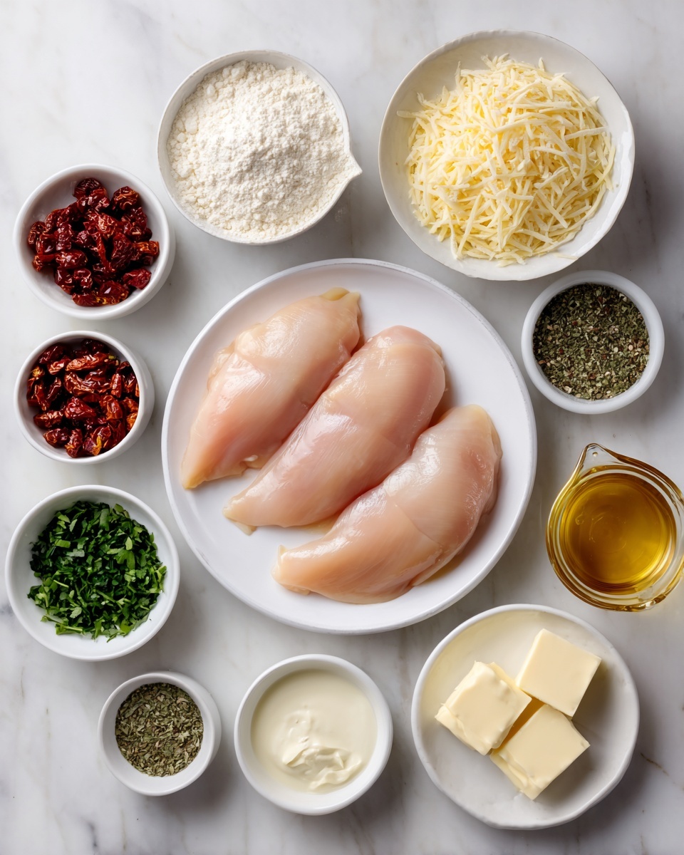 The image shows a flat lay of raw ingredients arranged on a white marbled surface. At the center, there is a white plate holding three large, smooth, pale pink chicken breasts. Surrounding it are small white bowls filled with different ingredients: one has white flour, another finely shredded cheese in a light yellow color, and one bowl contains small pieces of dark red sun-dried tomatoes. There are also bowls with dried green herbs, red chili flakes, black pepper and white salt side by side, a small bowl of chopped fresh green herbs, and one with minced garlic in small white pieces. Additionally, there is a bowl of pale liquid cream, two small cubes of pale yellow butter on a white plate, a small bowl with golden olive oil, and a glass measuring cup filled with light brown broth. The ingredients are neatly placed in a circle around the chicken on the white marbled surface photo taken with an iphone --ar 4:5 --v 7
